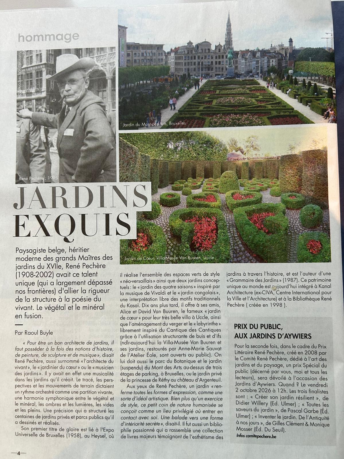 Article « Jardins exquis » de Raoul Buyle, La Libre Belgique, supplément du week-end des 26-27 septembre 2026, consacré à René Pechère et au Prix du Public